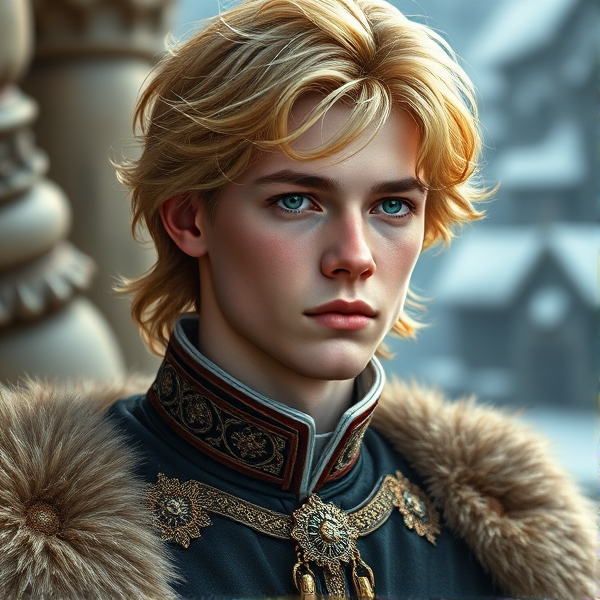19 year old prince with golden hair, sharp facial features, and emerald eyes. He lives in Norway. He wears regal clothes