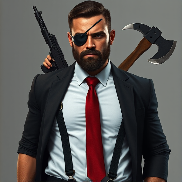 A highly detailed, full-body portrait of John Abraham Marston, an embodiment of the quintessential rugged male operative. He sports a short, jet-black haircut and a meticulously groomed beard that contours his jawline and highlights his resilience. His left eye is obscured by a tactical eyepatch, beneath which runs a pronounced scar—a silent chronicle of his combat experiences and the resultant loss of vision. Poised with an air of cultivated authority, he is dressed in a crisp white button-down shirt neatly tucked into expertly fitted black trousers, held up by shining leather suspenders. A vivid red tie adds a pop of color to his ensemble. His look is completed by a bespoke black blazer with discreet Kevlar reinforcement for discreet protection, hinting at the dangers inherent in his line of work. Shiny dress shoes anchor his feet, reflecting the seriousness with which he approaches his duties. Equipped for engagement, John carries Desert Eagles with matte black finishes and custom green laser sights for supreme accuracy. Overlapping behind him in an X configuration are his signature melee implements: a razor-edged katana and a robust fireman's axe—silent affirmations of readiness for hand-to-hand conflict. These elements underscore his allegiance to "the agency," where he navigates the shadowy corners of society while silently battling alcoholism as a means to manage post-traumatic stress disorder symptoms. His left arm reveals cybernetic enhancements acquired from past experimentation