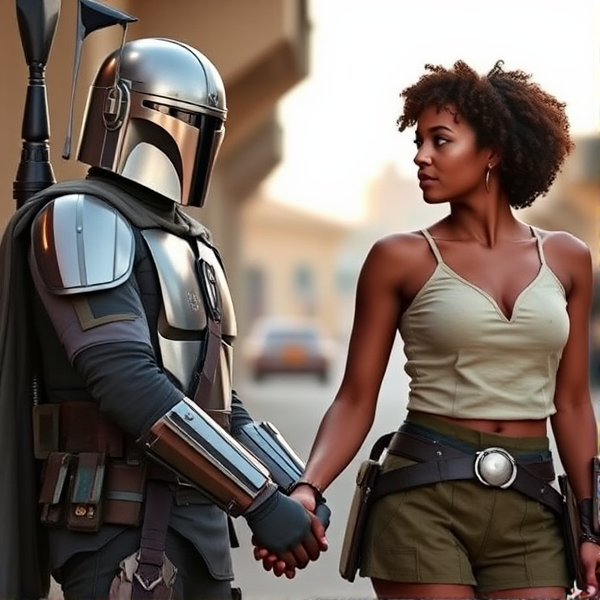 The Mandalorian holding hands with his female partner with short curly hair