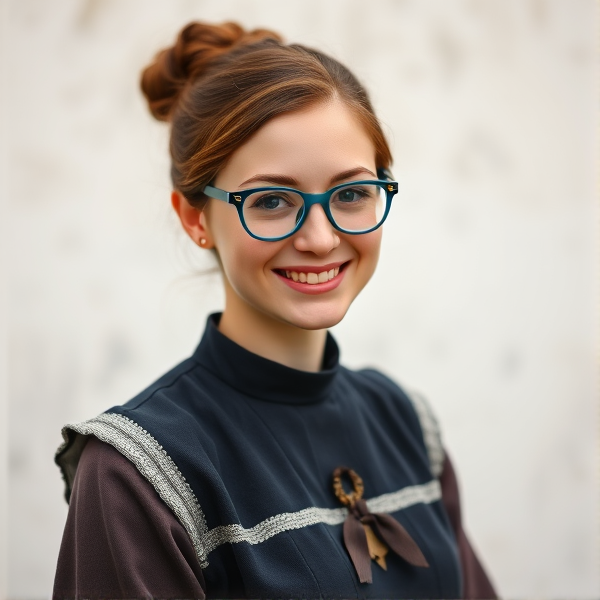 An Amish woman in her early twenties with blue glasses brown hair in a bun and Amish clothing with a prayer kapp on and a dress, and a smile