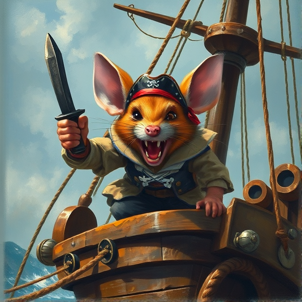 A painting of an angry 
swashbuckling mouse on a pirate ship