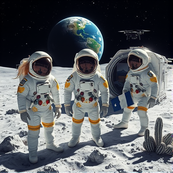 Trois astronautes sont campés sur la surface lunaire, illuminée par les reflets argentés du régolithe scintillant. Au centre, un humain est encadré par deux extraterrestres aux traits captivants. L'extraterrestre de gauche se distingue par une chevelure blonde et ondulante flottant librement autour de son casque spatial transparent, donnant l'illusion d'une danse en apesanteur. Leurs combinaisons spatiales éblouissantes de blancheur immaculée sont rehaussées de motifs dorés élaborés et parsemées de joyaux brillants qui captent et réfléchissent les éclats des étoiles environnantes avec des finitions chromées scintillantes. Chaque combinaison arbore un badge distinct illustrant leur mission respective, ajoutant une touche personnelle à leur tenue.

À l'intérieur d'un biodôme conçu avec des matériaux lunaires innovants, un autre astronaute s'affaire à planter consciencieusement des graines dans un jardin hydroponique baigné d'une lumière artificielle reproduisant le spectre solaire pour stimuler la croissance végétale. Les visières réfléchissantes des casques renvoient l'image d'un paysage lunaire stérile et fascinant. À travers une fenêtre panoramique du biodôme apparaît un module d'habitation portant fièrement le symbole du Québec, offrant ainsi une vue imprenable sur la Terre suspendue dans le cosmos.

Non loin, trône une disposition méthodique de dispositifs scientifiques avancés accompagnés de panneaux solaires performants à côté desquels flotte le drapeau du Manchester City Football Club, établissant un pont symbolique entre sport et exploration spatiale.

Le terrain accidenté composé de cratères monumentaux contraste fortement avec l'esthétique sophistiquée des infrastructures coloniales sous un éclairage ambiant doux mais précis. Le ciel nocturne se déploie dans toute sa splendeur bleu outremer intense, piqué d'étoiles étincelantes. Près du biodôme, on remarque également le drapeau acadien qui ondoie au gré du vide spatial. Une navette spatiale extraterrestre au design épuré est posée délicatement à proximité, entourée par différentes créatures lunaires pacifiques qui peuplent ce tableau vivant.

Surveillant discrètement cet ensemble harmonieux, un drone passe près du pavillon québécois. La flore exotique est ici représentée par des cactus lunaires insolites tandis qu'une charmante créature extraterrestre déambule près du jardin hydroponique où semble pousser une monnaie argentée rappelant la forme de liasses de dollars.