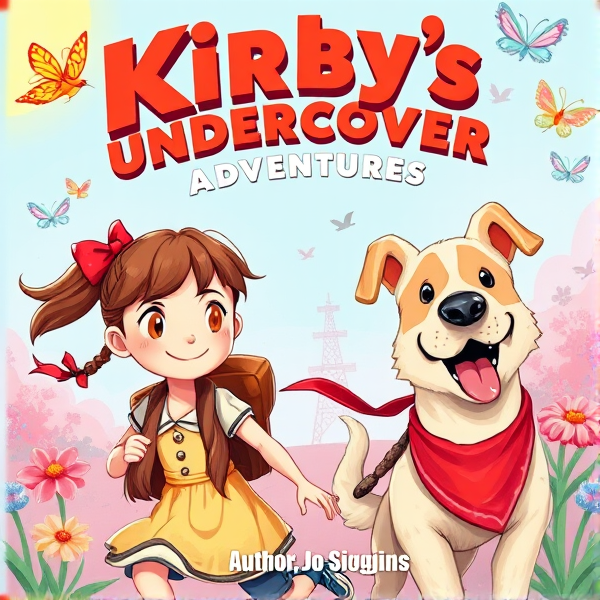 Bright and whimsical book cover design featuring a 10 year old with brown ponytail with red ribbon as the protagonist on an adventurous journey, bursting with vivid colors and elements that appeal to 10-year-old girls such as butterflies and pretty birds, and friendly cream scruffy dog with red bandana around neck. The artwork should capture the essence of a childlike wonder and the excitement of exploration, ideally incorporating symbols of adventure like compasses, binoculars, or hidden paths. The typography should be bold and inviting, resonating with young readers' imagination and sense of fun. The title is Kirby’s Undercover Adventures. The author name is Jo Siggins. The style should realistic hand drawn illustration