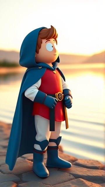 Clyde Donovan from South Park, light skin and brown hair, but as a 14-Year Old, dressed as a medieval prince with a red shirt with white sleeves, a black belt with a gold buckle, white pants, blue boots, blue long-cuffed gloves, and wreathed in a really big, heel-length long, ultra-wide blue hooded cape, now known as Prince Donovan. Despite still being a kid, he is the Youngest Ruler of South Park, Colorado, but now reborn as the real life Kingdom of Kupa Keep, Zaron, and Prince Donovan is its youngest and greatest hero. The young teenage prince of Kupa Keep is currently standing by the shoreline of a lake, looking out to the horizon and wondering what his next adventure will be.