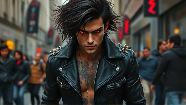 A visceral representation of wrath incarnate in the form of a young man with tumultuous black hair tumbling over his brow, partially obscuring his intense, glowing red eyes that burn with inner fury. His expression is etched into a permanent scowl, exuding an aura of menace and impatience. Clad exclusively in a rugged leather jacket festooned with menacing spikes and coordinating trousers that cling to his lithe form, he strides down an urban street. The man's skin serves as a canvas for intricate tattoos that weave across his visible flesh, interspersed with gleaming piercings that accentuate his rebellious nature. Around him, the populace recoils in apprehension, parting before him like the sea before a tempest-driven vessel.