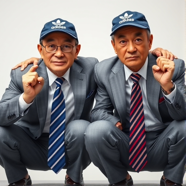 Deux  différents hommes d'affaires japonais puissants mature  accroupis et faché  portant des casquettes Adidas  et des cravates rayées longues  bleue rouge et oreillettes Apple 
Ils sont complices et conquérants , ils dominent 
 , accroupis pas trop et regard fort
Ils sont hypnotisant du regard , amis, complice , envoûtant , charismatique 
Ils se tiennent par les épaules , il fixent l objectif de la caméra