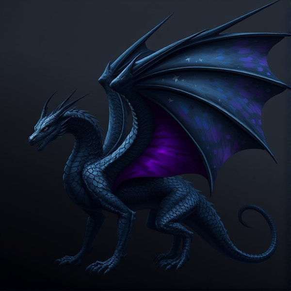 A black dragon, with silver scales like stars on the bottom of their wings, a purple colour fading from their back to their tail. Large wings