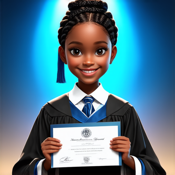 jeune fille noire de huit ans avec des tresses africaines traditionnelles, habillée élégamment pour une cérémonie de remise de diplôme, tenant son certificat, souriante et fière