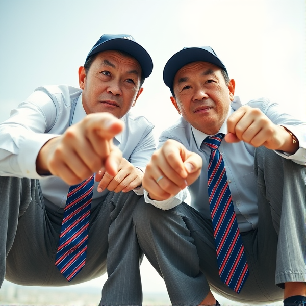 Deux  différents hommes d'affaires japonais puissants mature  accroupis et faché  portant des casquettes Adidas  et des cravates rayées longues  bleue rouge et oreillettes Apple 
Ils sont complices et conquérants , ils dominent 
 , accroupis pas trop et regard fort

Ils sont hypnotisant du regard , amis, complice , envoûtant , charismatique 
Ils se tiennent par les épaules , il fixent l objectif de la caméra,  faché pointing 

Vue contreplongée
Vue contreplongée 
Vue contre plongée