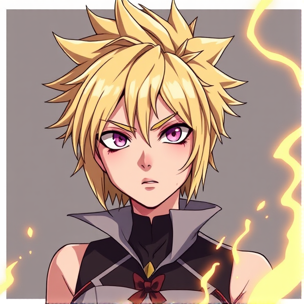 Blonde hair. My hero academia oc. Spikey and short. Female. Purple eyes. Villain. Magic quirk. Deranged look on face