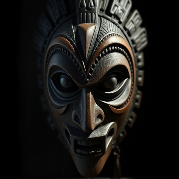 Masque traditionnel Fang Ngil du Gabon, détails artistiques et sculpturaux précis, motifs tribaux caractéristiques en blanc et noir, texture boisée authentique, ombres et lumière dramatiques mettant en valeur les traits angulaires