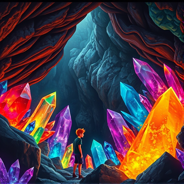 Ginger hair man in a mine admiring colorful magical crystals