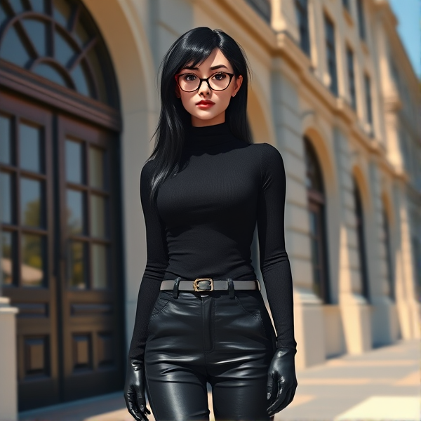 A slim, beautiful, black-haired, Gothic adult female in her 20's wearing a black turtleneck, black pants, black boots and glasses, standing in front of a building on a sunny day