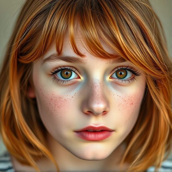 16 year old girl, natural shorter orange brown layered hair, middle part,  hazel brown doe eyes, lots of freckles, natural eye brows, thinner pale lips longer eye lashes, pale skin color