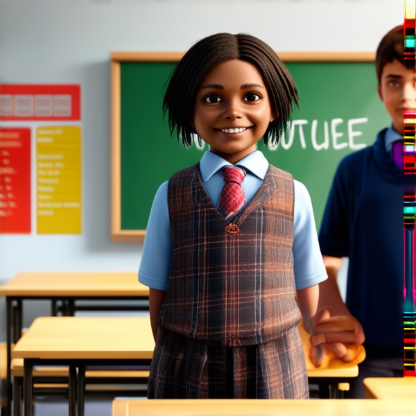 deux garcons  fille noire de 14 ans, vêtue d'uniforme scolaire , debout souriante et concentrée devant un tableau noir rempli de regles d'orthographe en français  dans une salle de classe ensoleillée et colorée avec des bureaux en bois et des affiches éducatives sur les murs