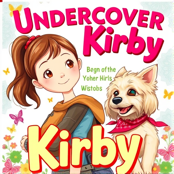 Bright and whimsical book cover design featuring a 10 year old with brown ponytail with red ribbon as the protagonist on an adventurous journey, bursting with vivid colors and elements that appeal to 10-year-old girls such as butterflies and pretty birds, and friendly cream long haired scruffy small fluffy dog with long hanging ears and red bandana around neck looking happily at protagonist.. The artwork should capture the essence of a childlike wonder and the excitement of exploration, ideally incorporating symbols of adventure like compasses, binoculars, or hidden paths. The typography should be bold and inviting, resonating with young readers' imagination and sense of fun. The title is: Undercover Kirby. The style should realistic hand drawn illustration