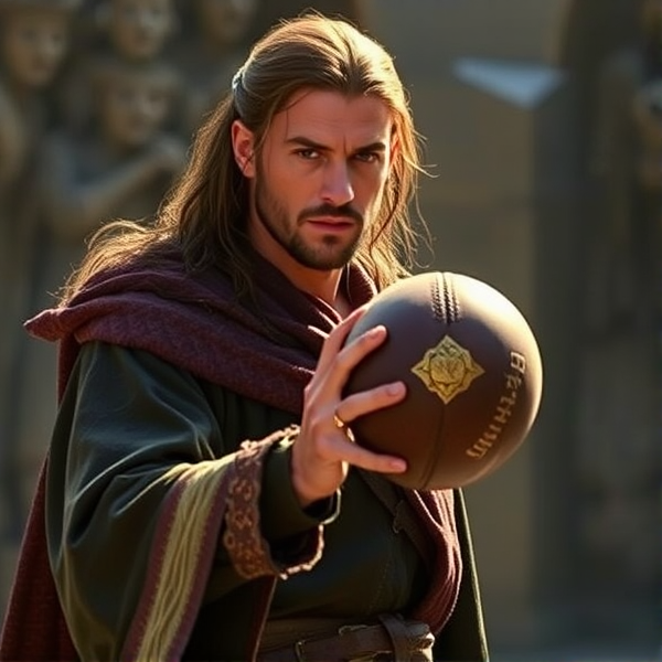 Lord of the rings character elrond holding a football