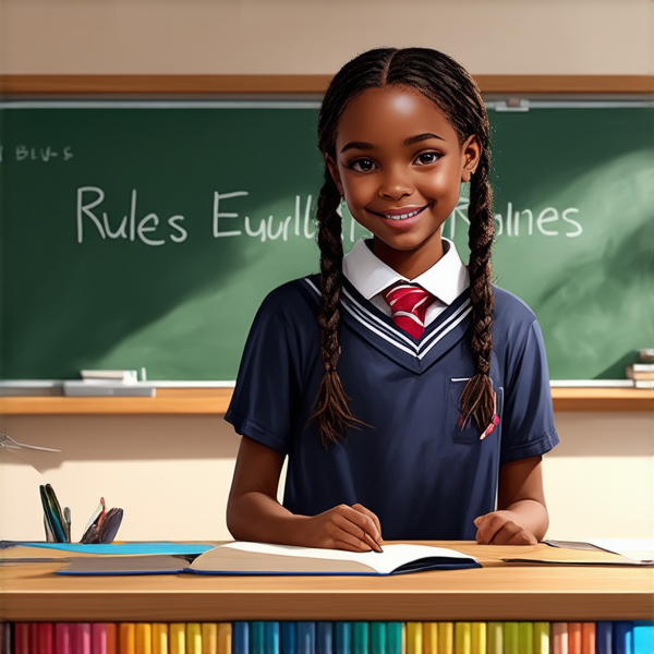 jeune fille noire de 10 ans, vêtue d'un uniforme scolaire des tresses africaines, debout souriante et concentrée devant un tableau noir rempli de regles d'orthographe en français  dans une salle de classe ensoleillée et colorée avec des bureaux en bois et des affiches éducatives sur les murs