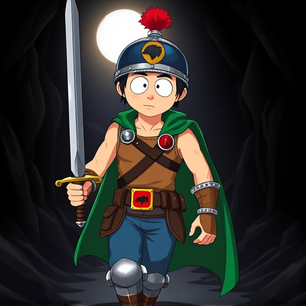 Stan Marsh from South Park, light skin and black hair, but as a 14-Year Old teenager with an extremely muscular torso, dressed as a medieval knighted warrior with a light brown tank top, a black belt with a red buckle adorned with a castle emblem, with a few pouches and the scabbard for his sword attached to it, blue jeans, steel armored boots, jeweled wrist cuffs, a big green cape, and a blue helmet with one silhouetted buffalo head emblem on both sides, outlined by silver steel rims lined around and across the top, with a long red feather sticking out at the top, now known as Sir Marsh. Despite still being a teenage kid, he is the Youngest Commander of the Zaronian Army, and one of the youngest and greatest heroes hailing from South Park, Colorado, but now reborn as the real life Kingdom of Kupa Keep, Zaron. His weapon is the legendary enchanted sword called the Slashing Blade Of The Ranger, which he swings with pride as he slashes his enemies down to size. The young teenage warrior knight is currently walking through a dark cavern, on a quest to find a mysterious enchanted artifact.