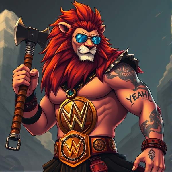 Un lion barbare dieux du soleil, il tien une hache dans la main, avec des poils de lion et une carrure imposante et avec la ceinture de la wwe le catcheur et ces lunettes de soleil, il a un tatoo sur le bras écris YEAH!