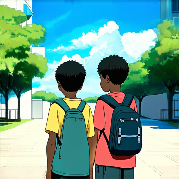 deux garçons noire agés de 12 ans avec des cartables dans la cour d'un collège