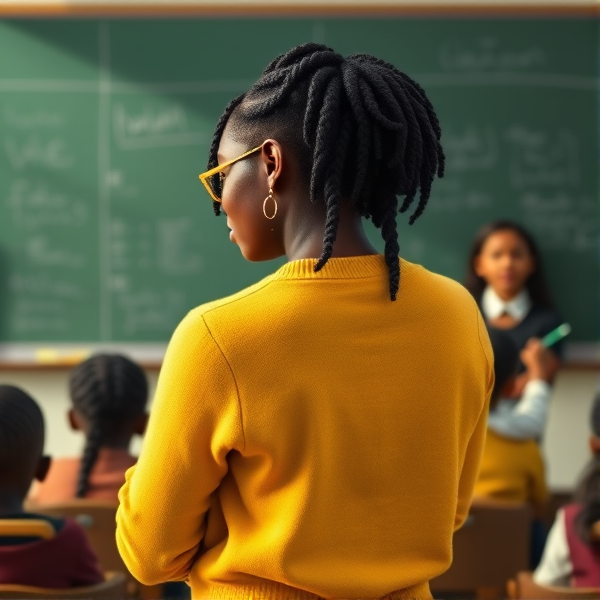 Une enseignante noire âgée de quarante ans coiffée de tresses africaines traditionnelles, portant un pull jaune  se tient le dos tourné en train d'y écrire à la craie blanche au tableau dans une salle de classe avec des élèves noires agés de huit ans.