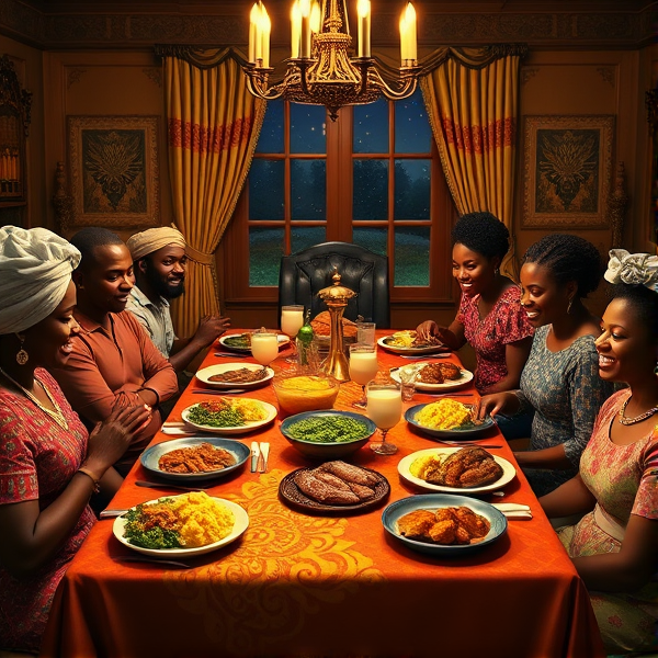 A lively African American family gathering around a richly adorned dinner table, sharing a traditional soul food meal with dishes such as fried chicken, collard greens, macaroni and cheese, cornbread, and sweet potato pie, all set in a warm and inviting dining room filled with laughter and storytelling