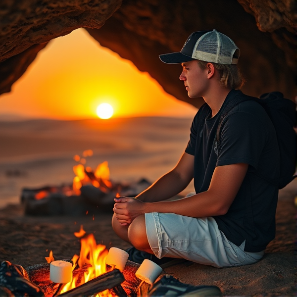 Jeune photographe blond de 22 ans, avec une casquette à l'endroit, dans une grotte, assis au coin du feu à la tombée de la nuit, le soleil se couchant en arrière plan et créant une ambiance orange et rougeâtre. Le photographe regarde le feu et est entrain de se faire cuire des chamallows dans le feu. Il est dans une grotte dans le désert du Sahara, donc met moi le désert du Sahara en arrière-plan, avec ses dunes. Il a un short blanc et un t-shirt noir un tout petit peu délavé. Il a des baskets noires. Il est de condition physique normal, à tendance mince.