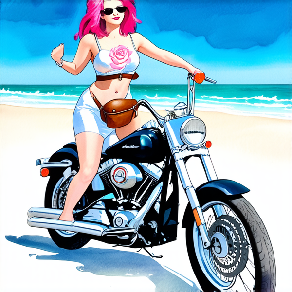Aquarelle : Femme avec des cheveux rose fuchsia sur une harley noir roule sur le plage. elle porte une robe blanche à grosse fleur rose layette et un sac banane à main en cuir marron lanière rose et bleu et vert porté en bandoulière