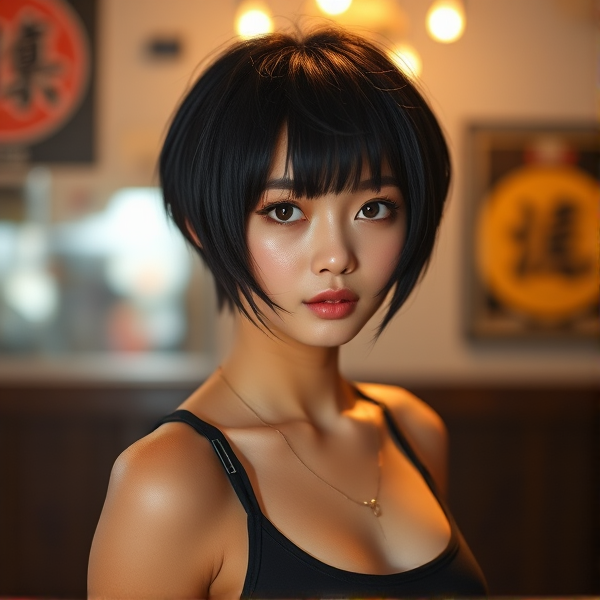 A Japanese girl of taller height,  with short black hair. She is a popstar with an athletic feel. Her eyes are black and very sharp and her skin is a bit tan.