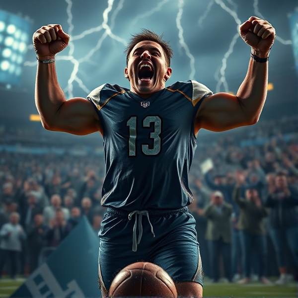 Gagnant triomphant de football, expression intense et furieuse, célébrant un triomphe éclatant, muscles saillants et détaillés, portant un maillot trempé de sueur moulant la silhouette, arrière-plan dynamique avec ciel orageux et éclairs symbolisant une victoire impressionnante, foule en délire visible à l'arrière criant et applaudissant dans les tribunes, ballon boueux au sol près des pieds du vainqueur