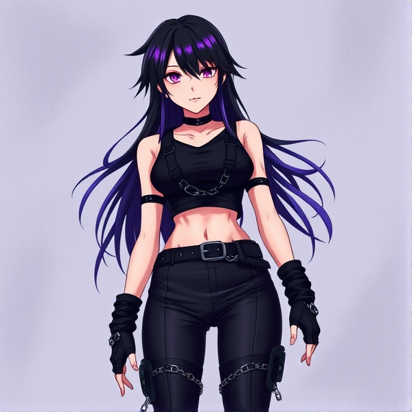 My hero academia anime oc. Black hair with purple streaks. Black sleeveless crop top. Some scars. A body harness. Leather pants with chains. Tactical boots. Fingerless gloves. Cold personality.