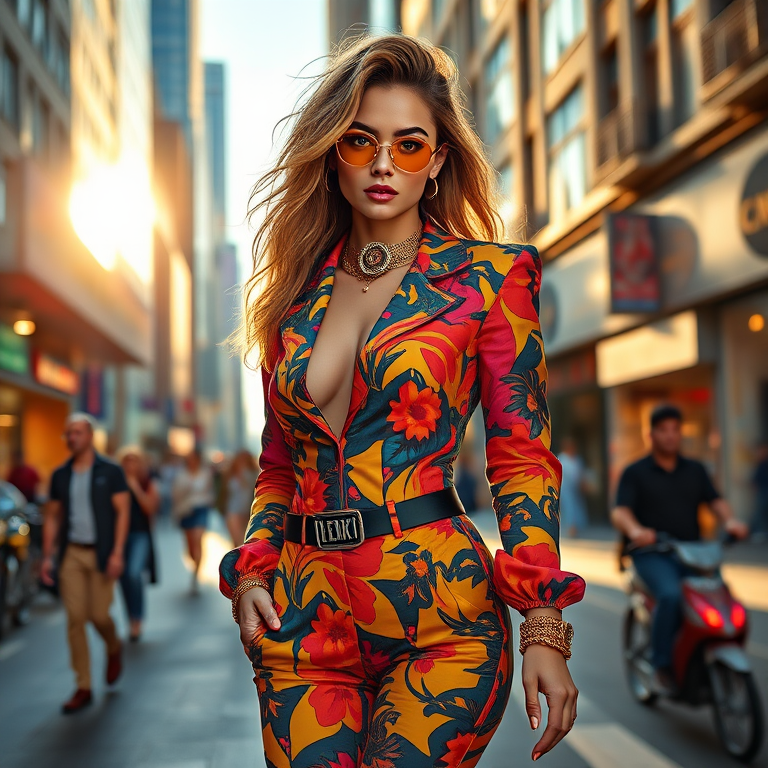 sabrina carpenter in a vibrant, stylish outfit posing on a sunlit city street with passersby and urban life