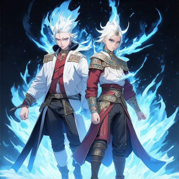 Une illustration détaillée dans le style de l'art officiel de Genshin Impact, montrant un événement spécial de multi-invocation où les personnages Kaveh et Cyno (probablement confondu avec "Kinitch") apparaissent côte à côte, triomphants et rayonnants d'énergie élémentaire, avec des effets visuels éblouissants qui représentent leurs attributs uniques; Kaveh avec ses motifs architecturaux et Cyno avec son apparence de général égyptien.