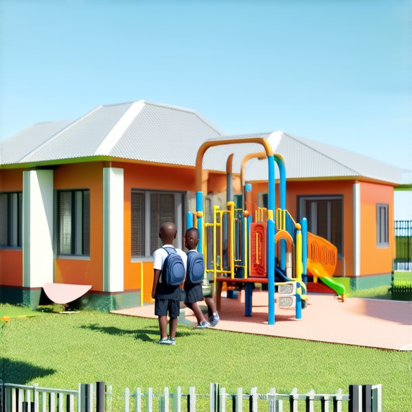 bâtiment d'une école primaire traditionnelle avec cours de récréation, enfants noirs africains en uniforme scolaire chemise blanche et pantalons bleu marine avec des cartables