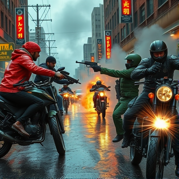 Intense urban showdown between rival factions on a rain-slicked street at dusk, with one gang adorned in vibrant red leather jackets and bandanas wielding customized motorcycles and advanced tech weapons facing off against another gang decked out in varying shades of green, sporting military-grade armor and holding cutting-edge plasma rifles, amidst a gritty city backdrop riddled with dynamic gunfire exchanges, billowing smoke from explosions, shattered glass reflecting the chaos, neon signs flickering overhead and dramatic action poses as combatants leap over obstacles, engage in hand-to-hand combat and strategically use the environment to gain an advantage. The scene is lit by the eerie glow of streetlights mixed with the harsh flash of muzzles and punctuated by the faces of focused fighters, determined to prevail.