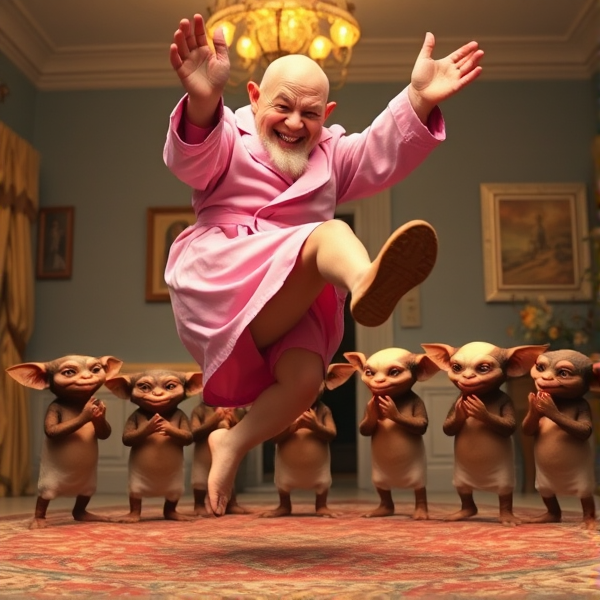 bald happy white man doing a kickflip in a pink dressing gown while 10 little gremlins watch him and they're clapping