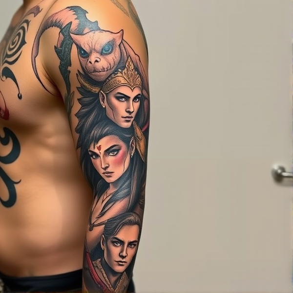 A tattoo sleeve with Ashoka tano, Aragorn, Spyro, Finn and jake