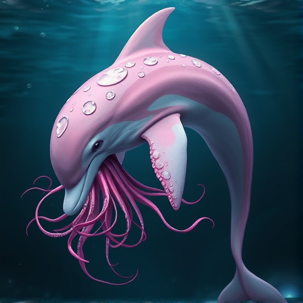 Create an image of a fantastical animal with a pink dolphin head and body and a pink jellyfish tentacles at the fin of the dolphin in the deep seas