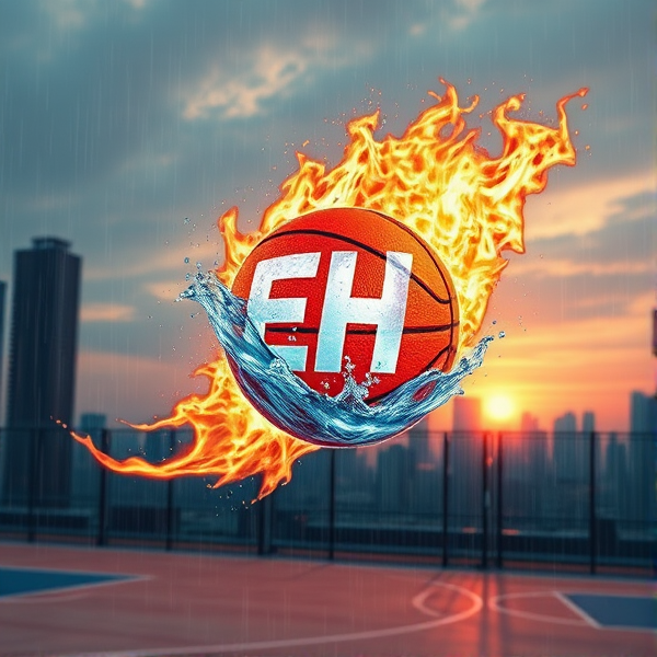 EH Logo with Fire and Water on it, with basketball in the air on fire, hyper realistic, not in a city, in basketball court