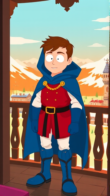 Clyde Donovan from South Park, light skin and brown hair, but as a 14-Year Old, dressed as a medieval prince with a red shirt with white sleeves, a black belt with a gold buckle, white pants, blue boots, blue long-cuffed gloves, and wreathed in a big blue hooded cape, now known as Prince Donovan. Despite still being a kid, he is the Youngest Ruler of South Park, Colorado, but now reborn as the real life Kingdom of Kupa Keep, Zaron, and Prince Donovan is its youngest and greatest hero. The young teenage prince of Kupa Keep is currently standing on his bedroom balcony in his new home of Kupa Keep Castle, looking at the amazing view of his newfound kingdom that was once the small mountain town he knew before.