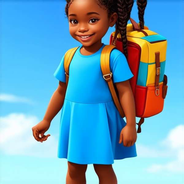 Jeune fille africaine de 8 ans habillée en robe bleue portant des tresses africaines élaborées et un sourire joyeux, debout fièrement avec un cartable coloré sur le dos devant une école primaire, sous un ciel bleu clair d'après-midi.