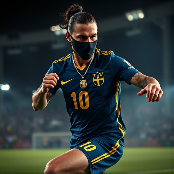 Zlatan Ibrahimovic capturé en plein élan, déchaînant un tir puissant du pied droit dans un match de football nocturne, ses muscles saillants et tendus mis en exergue par un éclairage dramatique qui sculpte son corps avec des ombres marquées et des lumières vives contrastantes. Il porte un masque de ski noir au fini métallique qui accentue son regard intense. Une chaîne dorée ornée d'un pendentif représentant le lion suédois repose sur sa poitrine athlétique, tandis qu'une bague en or sertie d'un joyau lumineux brille à son doigt. Une brume épaisse enveloppe mystérieusement le terrain, alors que des projecteurs percent la pénombre pour révéler des spectateurs flous en arrière-plan. Le numéro 10 se détache avec éclat sur son maillot aux couleurs de la Suède - bleu et jaune - symbolisant sa fierté nationale. En position dominante tel un prédateur sur le point d'attaquer, Zlatan impose sa présence aux adversaires invisibles avec assurance et une expression intense de concentration pure. Les tatouages complexifiant ses bras racontent l'histoire de ses triomphes sportifs tandis que ses yeux reflètent une lueur métallique tranchante sous la bienveillance d'une lune argentée qui ajoute une dimension surnaturelle et presque théâtrale. Fantôme de joueurs légendaires de soccer