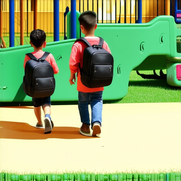 batiment école primaire en Afrique avec des enfants avec des cartables noirs dans la cours de récreation