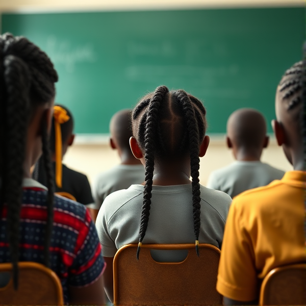des filles noires de huit ans avec des tresses africaine et garçons assis dans une classe face au tableau vert