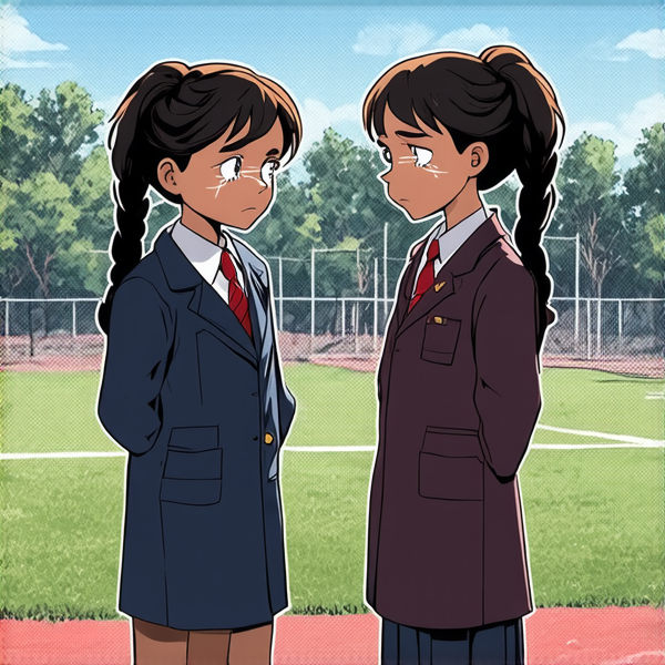 deux jeunes filles de huit ans portant des tresses africaines noires et des uniformes scolaires se tenant face à face dans une cour d'école, les yeux humides de larmes et l'air bouleversé alors qu'elles sont en pleine dispute