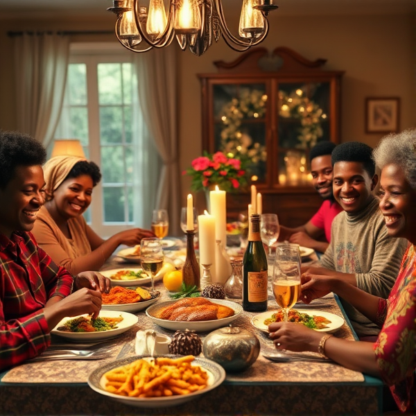 repas chaleureux d'une grande famille afro-américaine réunie autour d'une table festive, sourires et complicité, cuisine traditionnelle, intérieur accueillant