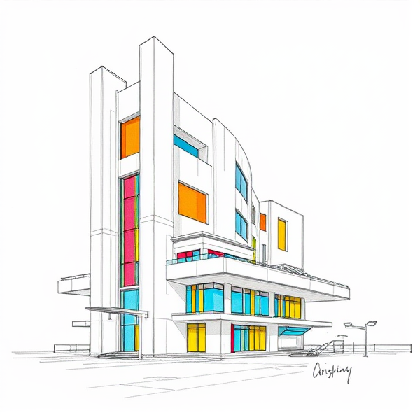 sketch in pencil of a futuristic building in the style of Le Corbusier with colors
