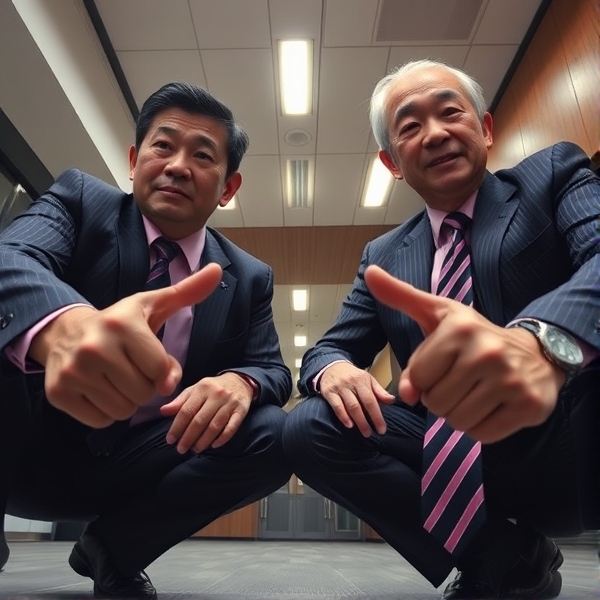 Deux hommes d affaires japonais senior accroupis qui regardent la caméra 
Chemise rose foncée et longue cravate rayée large. Businessmen snaps their fingers 

Vue contre-plongée