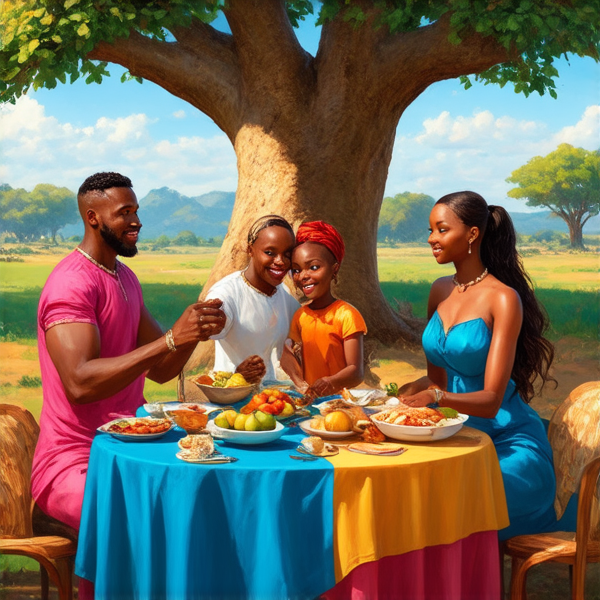 prompt: Un grand repas de famille traditionnel en plein air sous un baobab en Afrique, avec des plats locaux colorés et variés, des fruits exotiques, une grande nappe colorée, des hommes et femmes africains vêtus de tenues traditionnelles multicolores souriants et partageant un moment convivial